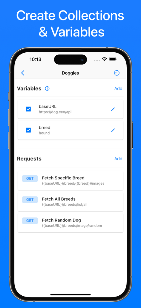 API Bot - API Bot app interface displaying a collection of dog-themed API requests and environment variables on an iPhone.