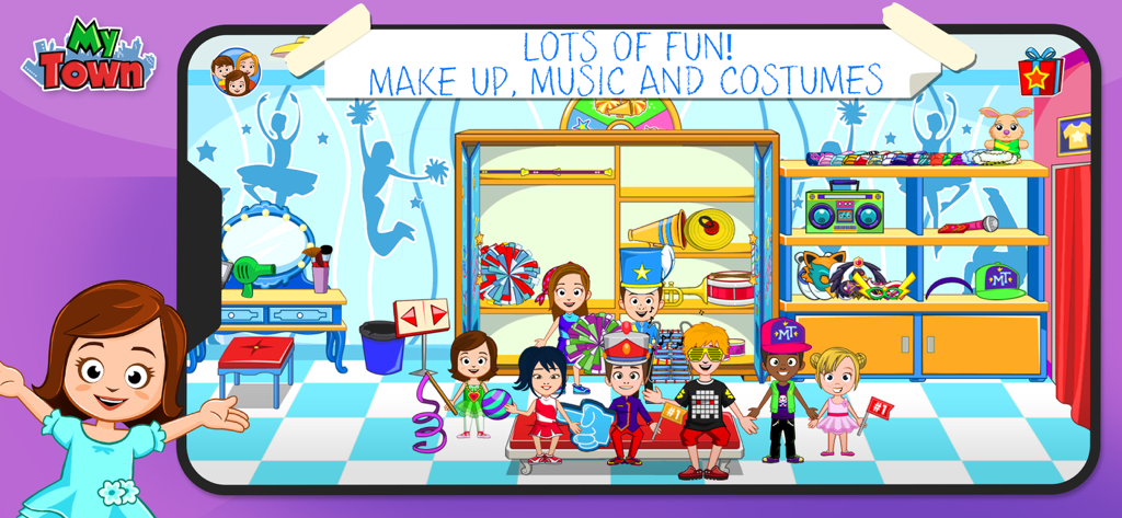 Personaggi bambini nel camerino di My Town Dance School che scelgono costumi e trucco