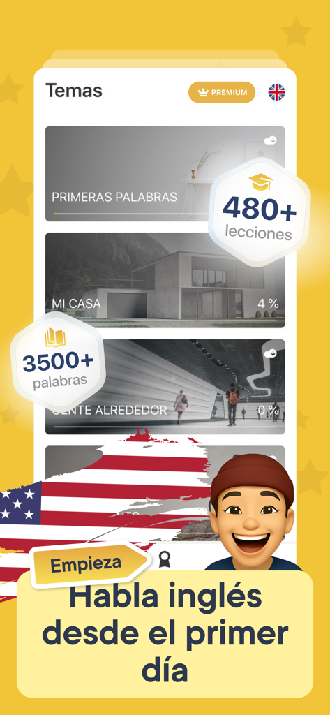 Interfaz de la aplicacion Starlex mostrando categorias de temas y mas de 480 lecciones para aprender ingles