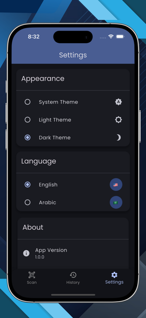 Interface des paramètres de l'application QR Scanner affichant les thèmes d'apparence et la sélection de la langue