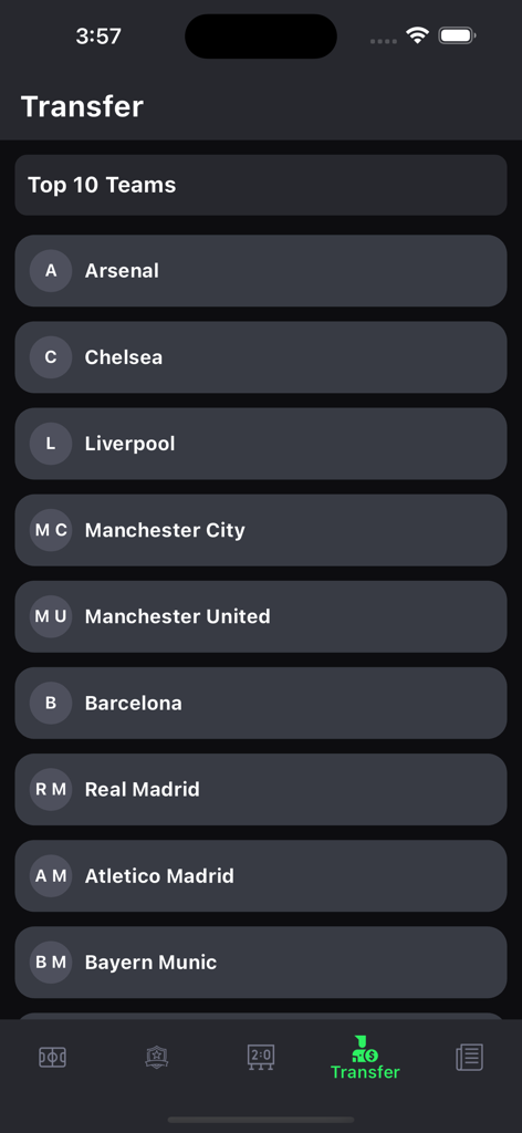 9Goal Footballアプリの移籍トラッカースクリーン。アーセナルやレアル・マドリードなどのトップサッカークラブをリスト表示