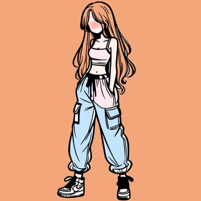 girl in baggy pants crop top and long hair