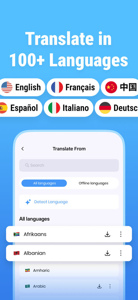 GO Translate: AI Translator - Interface of GO Translate AI app displaying a list of over 100 supported languages and offline download options.