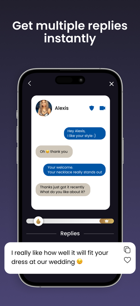 Flirt Ai, Wingman for Pick Up - Interface d'application de rencontres montrant des réponses de conversation générées par IA et un curseur de réglage de ton.