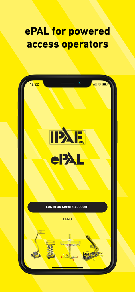 Pantalla de inicio de sesión de la aplicación móvil IPAF ePAL con iconos de maquinaria de acceso motorizado