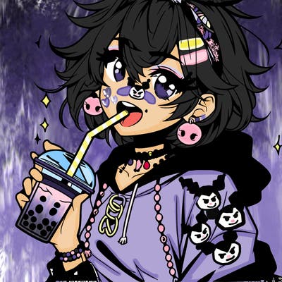 hot baddie anime girl drinking boba and biting the straw