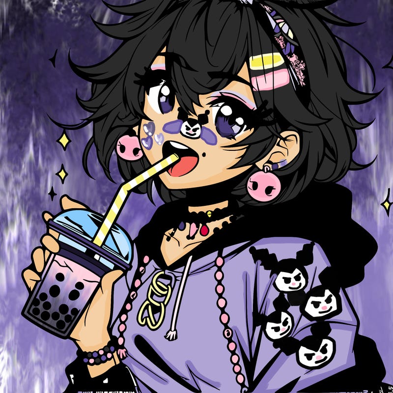 hot baddie anime girl drinking boba and biting the straw
