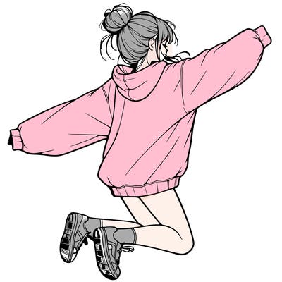 realistic girl jumping with a bun and oversized sweatshirt