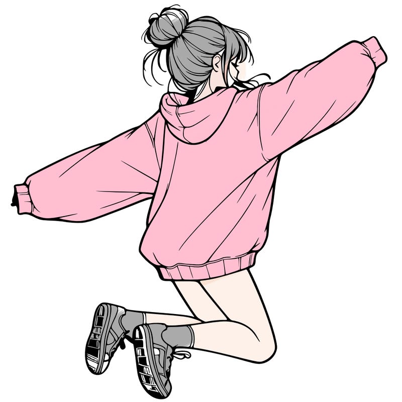 realistic girl jumping with a bun and oversized sweatshirt