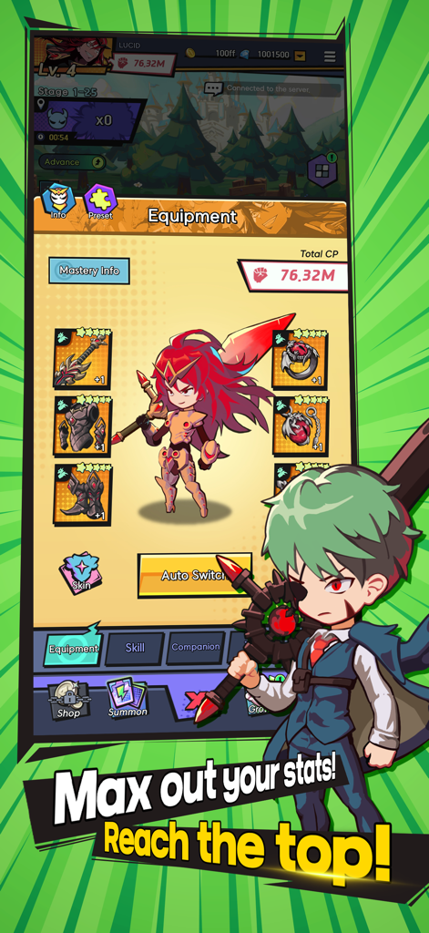 Hardcore Leveling Warrior - Bildschirm für die Ausrüstungsverwaltung, der Charakterausrüstung und Kampfkraft in Hardcore Leveling Warrior zeigt