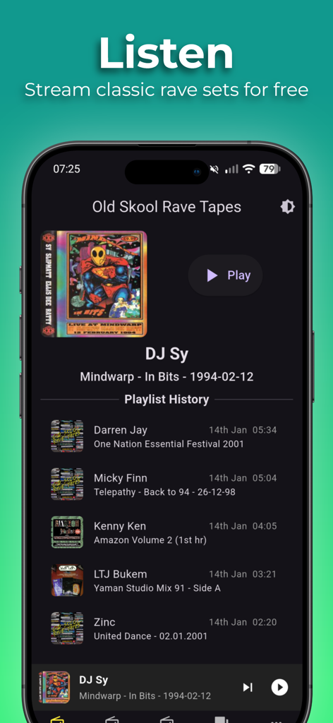 Old Skool Rave Tapes - Interface do reprodutor de música do Old Skool Rave Tapes mostrando um set do DJ Sy e histórico de playlists