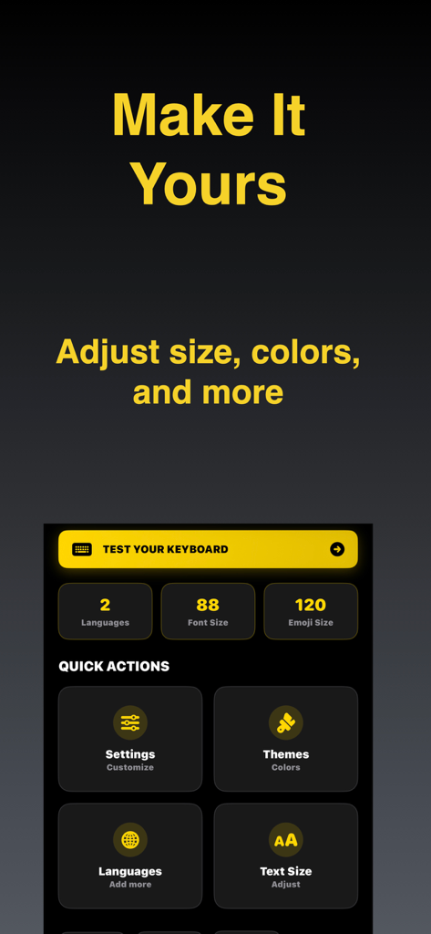 Big Keys Keyboard - Customization menu for Big Keys Keyboard showing options to adjust font size, emoji size, and themes.