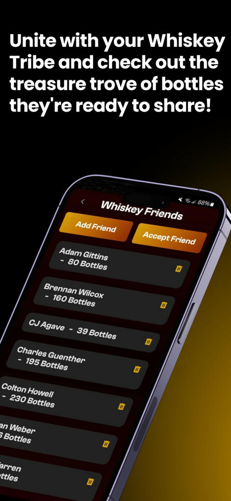Whiskey Friends screen in the Whiskey Shelf app showing a list of community members and their bottle collection counts.