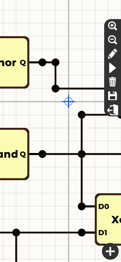 Logic Circuit Simulator Pro - Interfaccia del simulatore di circuiti logici digitali che mostra porte e cablaggi su un layout a griglia