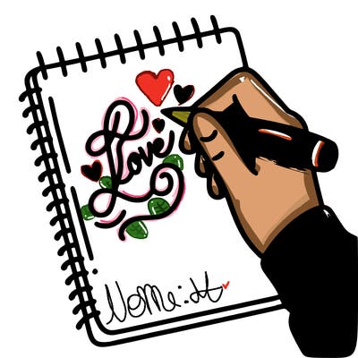 a hand writing “love” in calligraphy on a notebook