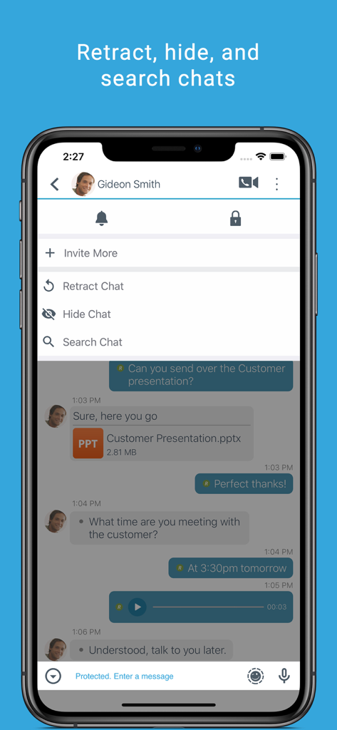 BBM Enterprise - BBM Enterprise interface showing options to retract hide and search chats for secure business communication