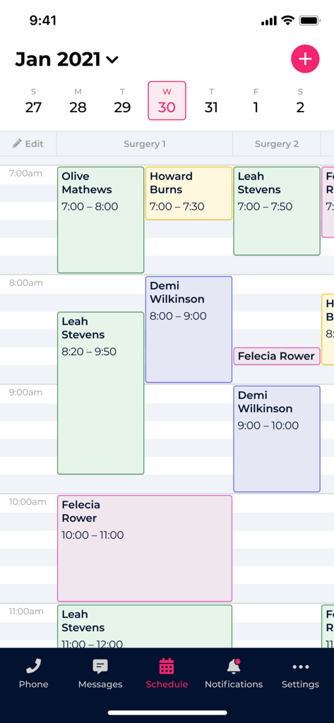 Mobile screen of the Kasper App showing a detailed dental practice appointment schedule and patient management dashboard.