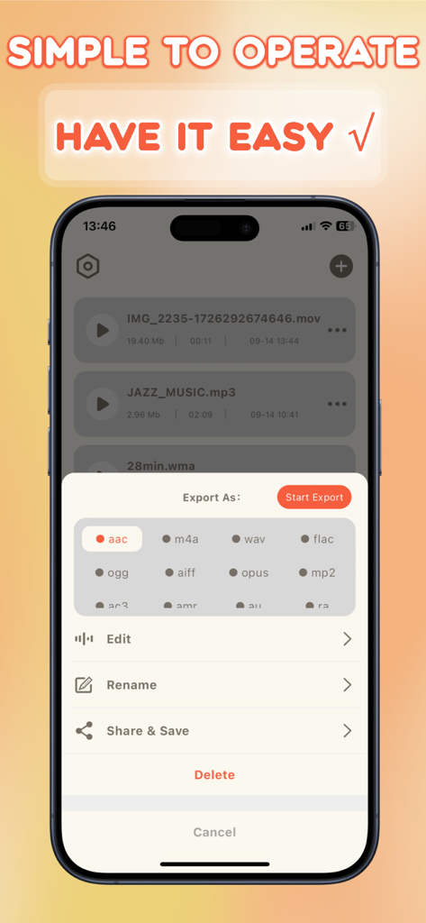 MP3 Converter & Ringtone Maker - Interfaz de la aplicación MP3 Converter and Ringtone Maker mostrando varios formatos de exportación de audio como AAC y WAV