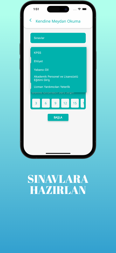 Quizilla - Interface of the Quizilla app showing exam category selection and timer options for a self-challenge