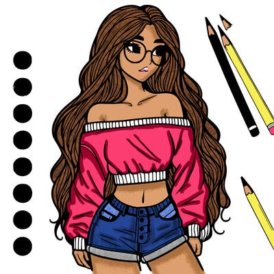 tall woman with long hair, glasses, off the sholder cropped sweat shirt with shirt underneath and shorts