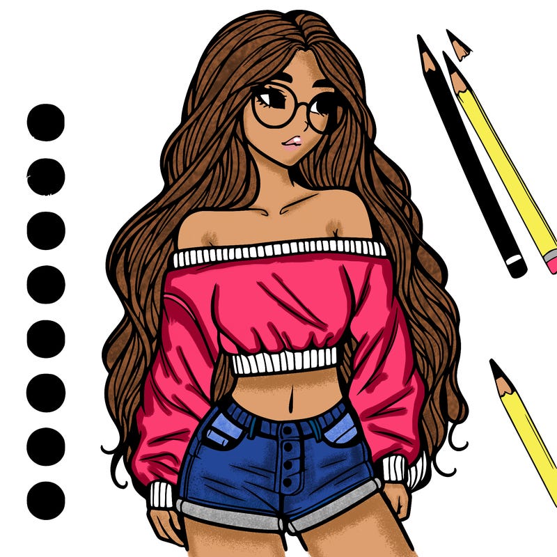 tall woman with long hair, glasses, off the sholder cropped sweat shirt with shirt underneath and shorts