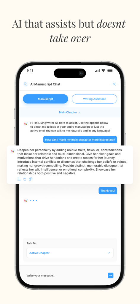 LivingWriter: Write Anywhere - LivingWriter mobile app showing an AI manuscript chat interface with writing advice