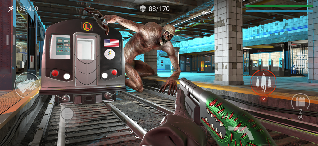 First-person view of a player holding a customized shotgun in a subway station while a large zombie lunges toward them in Zombeast Zombie Shooter.