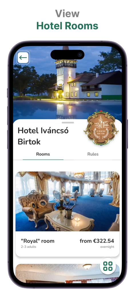 Interfaccia dell'app Kosino che mostra opzioni di lussuose camere d'albergo e prezzi di prenotazione per Ivancso Birtok