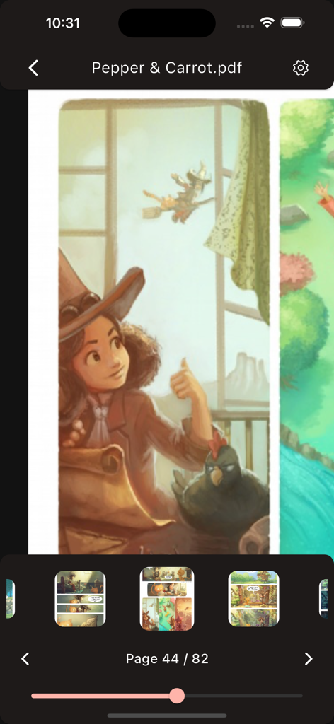 bloopworm - comic book reader - La aplicación lectora de cómics bloopworm que muestra un panel ampliado de un libro de manga digital.