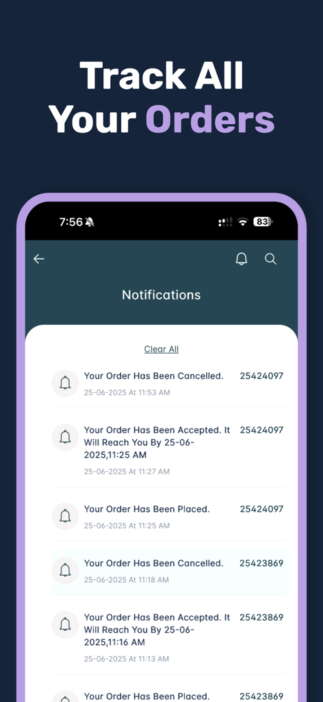 Island Eats - A mobile app screen showing a list of delivery order notifications including status updates for placed accepted and cancelled orders