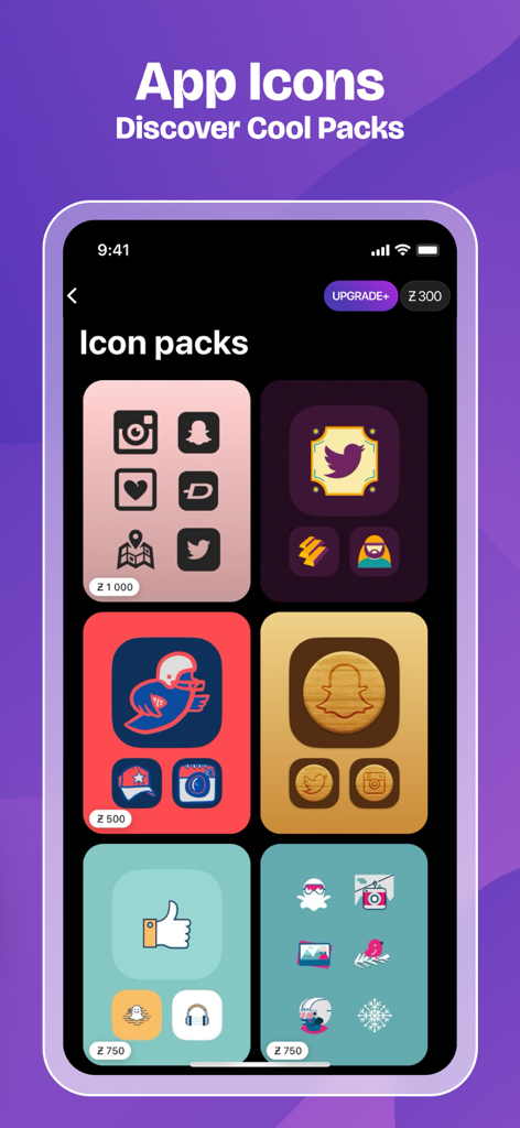 Una galería de diferentes paquetes de iconos de aplicaciones temáticos para personalizar la pantalla de inicio de un smartphone.