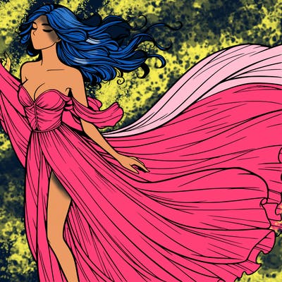 realistic woman in dress flowing the the wind