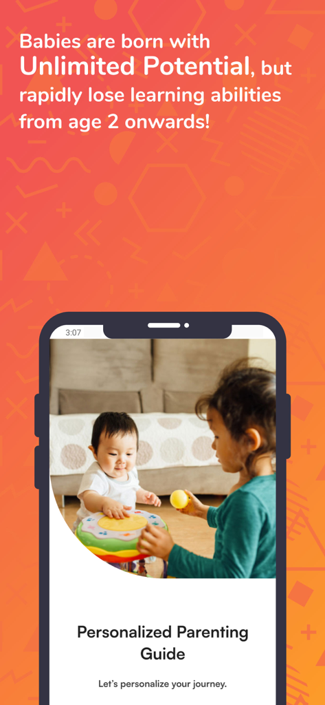 Prodigy Baby App-Oberfläche, die einen personalisierten Elternleitfaden und zwei kleine Kinder zeigt, die mit Lernspielzeug spielen.