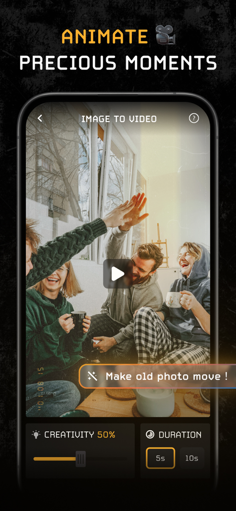 MOVA - AI Video Editor - MOVA AI Video Editor app interface showing the image to video feature to animate old photos of friends