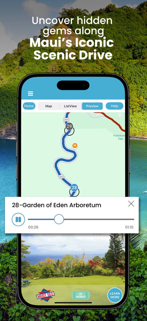 Road to Hana: Maui Audio Tours - Maui Road to Hana audio tour app interface showing GPS map and Garden of Eden Arboretum stop