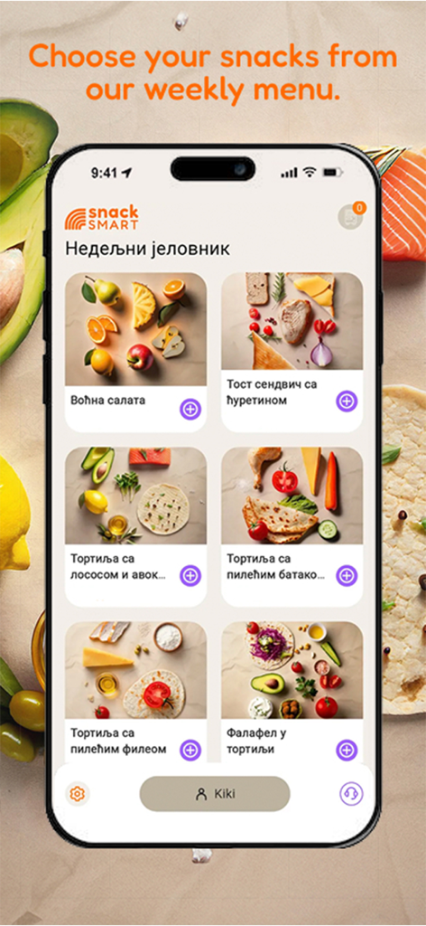 Snack Smart app screen showing a weekly menu of healthy snacks including fruit salad, turkey sandwiches, and tortillas.