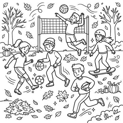Celebrate the vibrant energy of youth sports set against a beautiful autumn backdrop with this engaging coloring page. Perfect for capturing the spirit of fall activities, this template invites young artists to bring a lively scene to life.