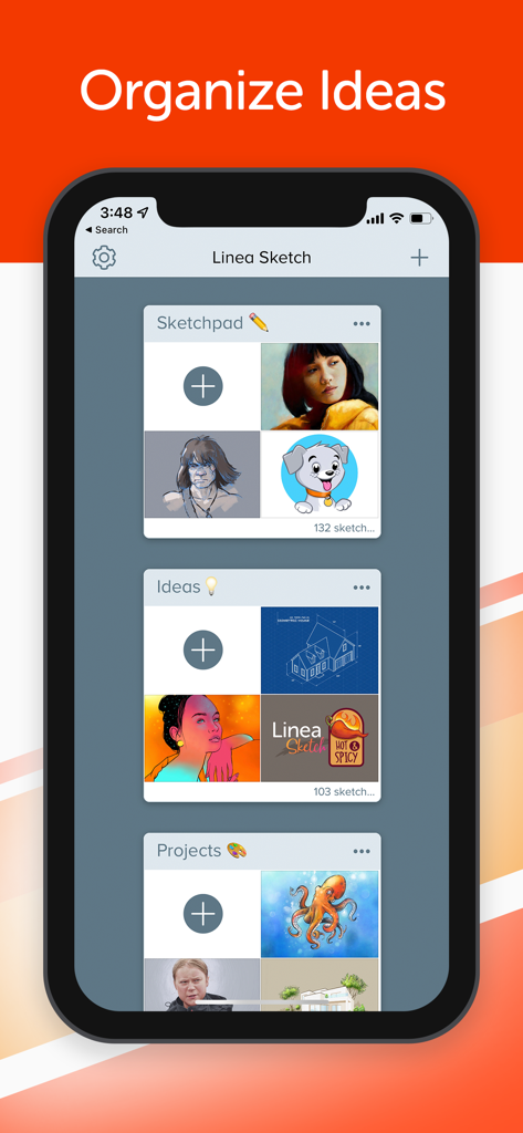 Linea Sketch - 스케치패드, 아이디어, 프로젝트 등의 카테고리로 정리된 프로젝트 폴더를 보여주는 Linea Sketch 인터페이스.