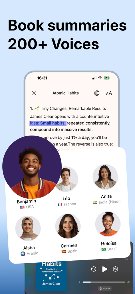 Interfaz de la aplicación BookLand que muestra diversas opciones de voz IA para resúmenes de libros, incluyendo perfiles de EE. UU., Francia, India y España.