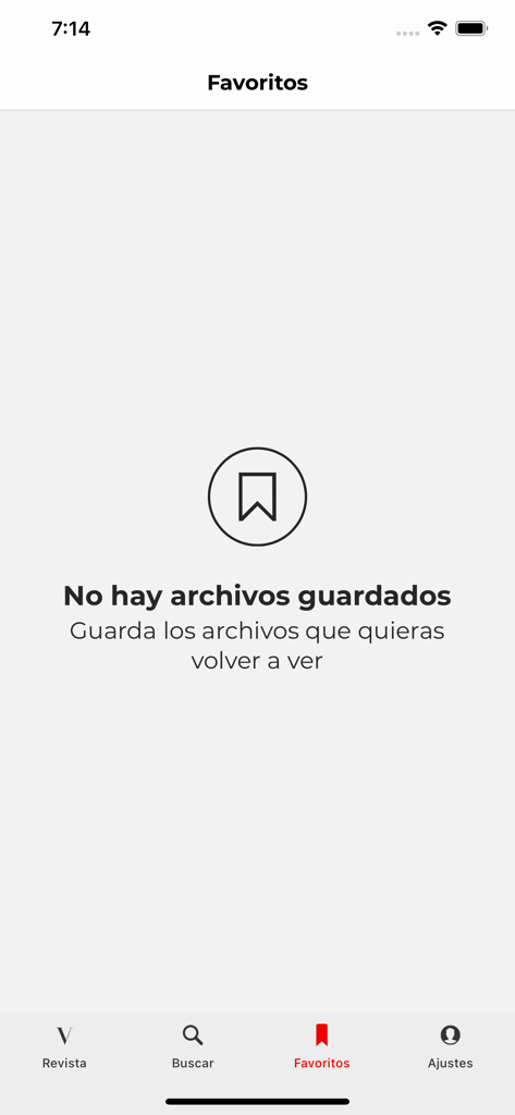 Revista Vogue España - Pestaña de favoritos vacía dentro de la aplicación móvil Revista Vogue España.