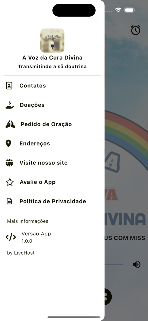 Side navigation menu of the Radio A Voz da Cura Divina app showing options like prayer requests and donations
