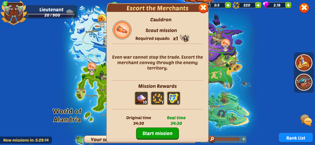 Firestone: An Idle Clicker RPG - Firestone Idle RPG game screen showing the world map and a mission menu for Escort the Merchants.