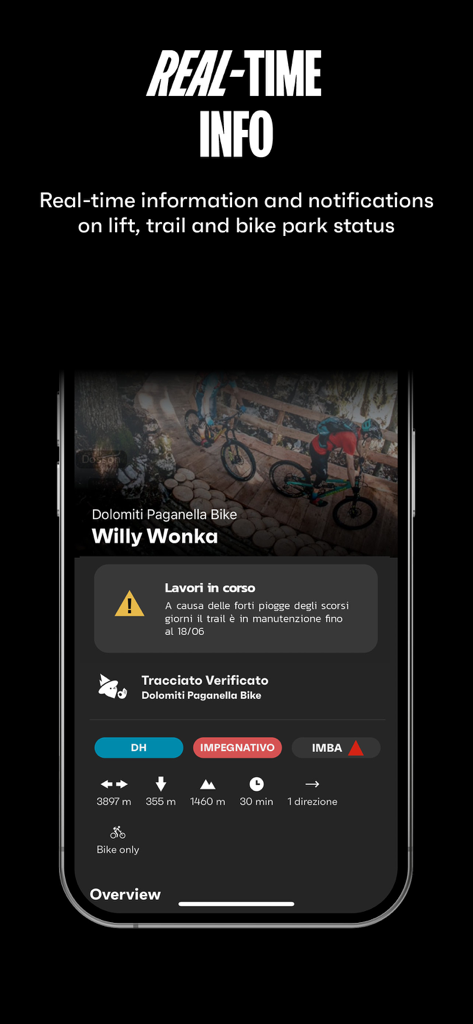 MowiBike - Tela do aplicativo MowiBike mostrando status de trilha de mountain bike em tempo real e notificações de manutenção