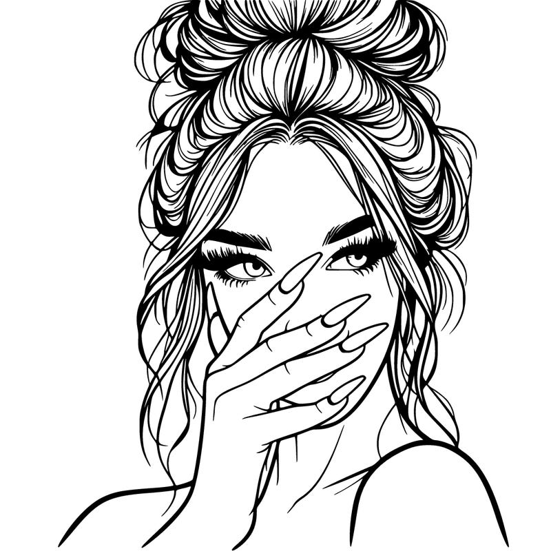 realistic girl with long nails with hair in messy bun