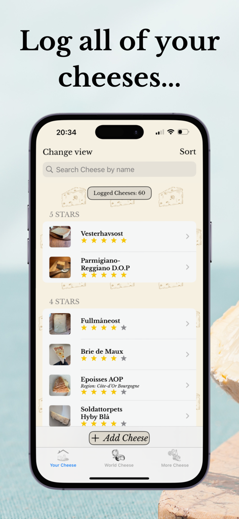 Good Cheese - A mobile interface of the Good Cheese app showing a list of logged and rated cheeses like Parmigiano-Reggiano and Brie de Maux