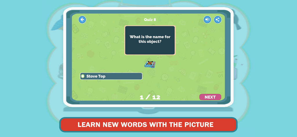 Guess The Picture For Kids App - An educational quiz screen for kids to learn new words by identifying pictures