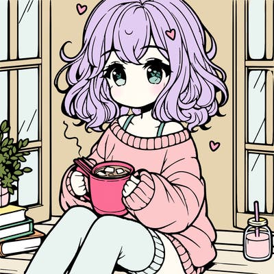 cute anime girl reading book and drinking hot chocolate from mug with loose wavy hair wearing a baggy sweatshirt and shorts sitting by windowsill looking out