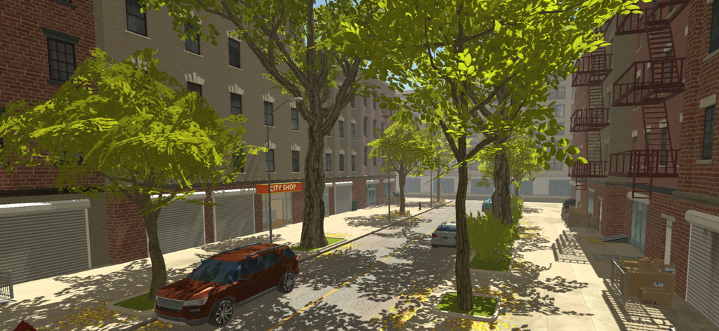 City Shop Simulator - 木が並ぶ都会の通りの、シティショップの店先の外観