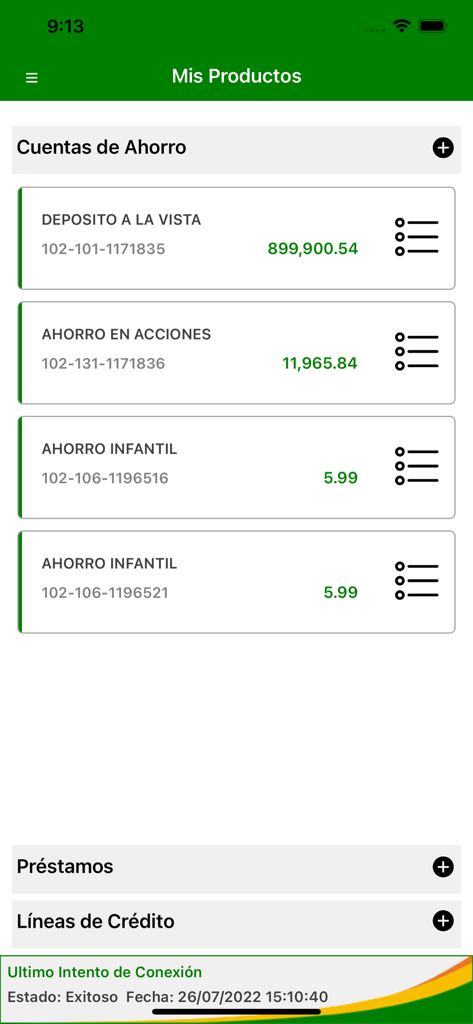 Vista de cuentas de ahorro y balances en la app de Cooperativa La Altagracia