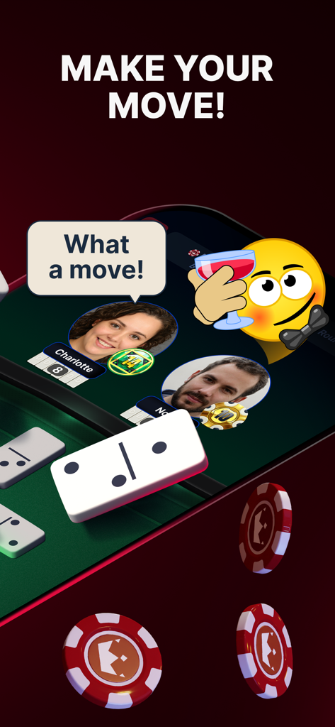 Pantalla del juego Domino Online 3D mostrando una partida multijugador con avatares de jugadores y una burbuja de chat diciendo qué movimiento